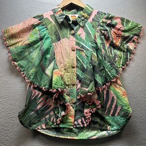Farm Rio Shirt Womens Small Pink Green Tropical Leaf Ruffle Pom Pom Button Boho
